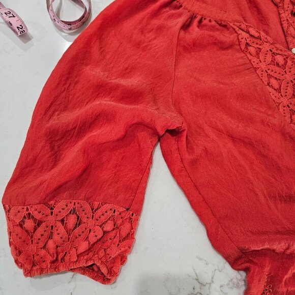 Figueroa & Flower Boho Peasant Rusty Orange Lace Button Neck Top Size Medium - Picture 3 of 9